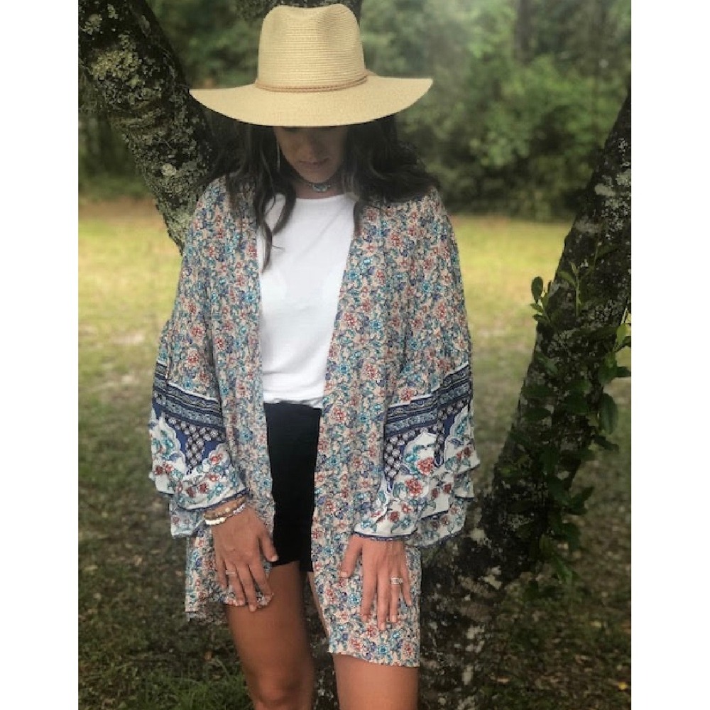 Gigio Kimono Women Large Stone Mix Floral Paisley Bell Sleeve Open Front Boho
